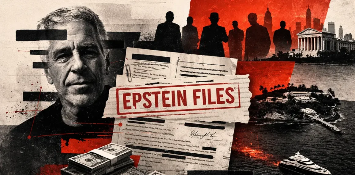 Artwork montage showing Epstein, money, islands, etc.