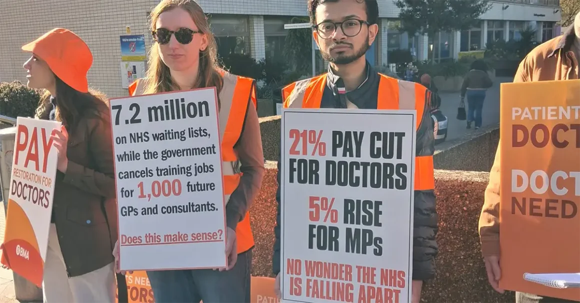 Resident doctors on strike outside St Thomas' hospital in London, April 2026