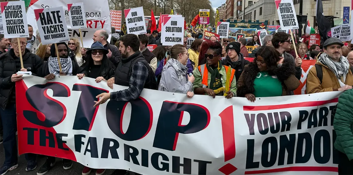 Image of the Your Party contingent on the 28 March Together Alliance demonstration, holding a banner that reads 'Stop the far right'