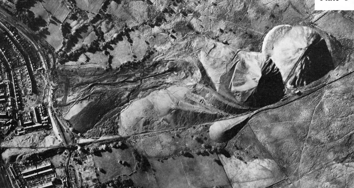 Aerial view of the collapsed coal spoil tip above Aberfan and the landslide route into the village after the 1966 disaster.